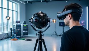 Photographer wearing a VR headset beside a rotating 360° camera rig in a modern studio setting