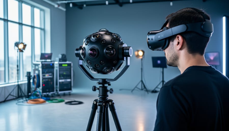 Photographer wearing a VR headset beside a rotating 360° camera rig in a modern studio setting