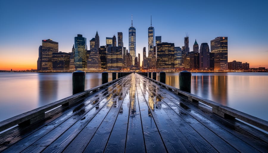 Photographer on a waterfront boardwalk capturing a skyline reflected in calm water at golden hour.
