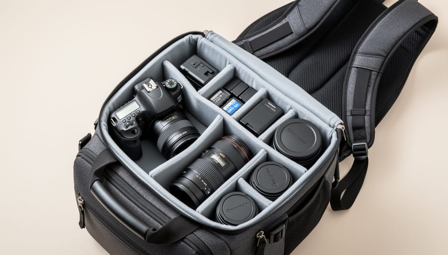 Camera sling bag opened on a table showing a camera and spare lens in organized compartments