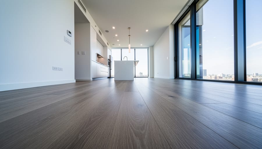 Wide-angle view of a modern apartment hallway showing strong converging lines and tall windows.