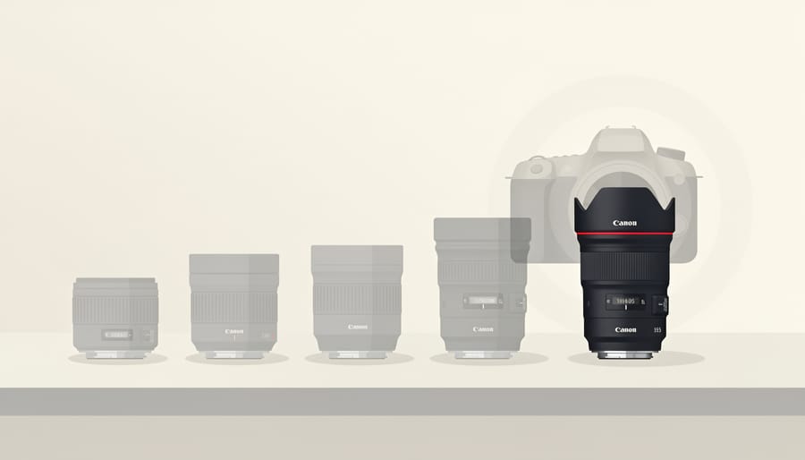 Camera and wide-angle lenses arranged on a workbench with sunlight creating soft reflections.