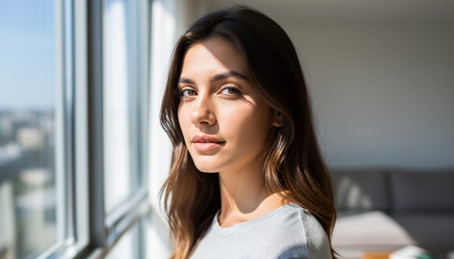Window-lit portrait with shallow depth of field and softly blurred background