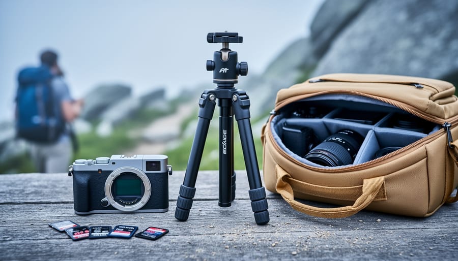 Memory cards, a convertible tripod, and a protective camera bag arranged on an outdoor surface beside a mirrorless camera body.