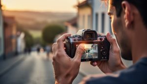 Photographer’s hands holding a modern camera with a subtle glowing composition assistant effect while capturing a golden-hour scene.