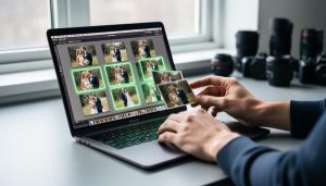 Photographer’s hands reviewing and sorting wedding portrait images on a laptop with soft selection highlights suggesting AI culling