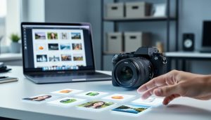 Photographer’s workstation with camera and laptop, visually suggesting AI-driven photo tagging and automatic organization of images.