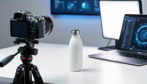 Close-up studio product photography scene with a camera on a tripod and a softly lit ceramic product on a clean surface, with a blurred laptop in the background.