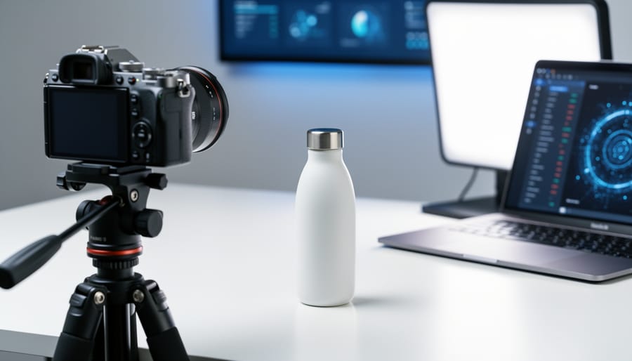 Close-up studio product photography scene with a camera on a tripod and a softly lit ceramic product on a clean surface, with a blurred laptop in the background.