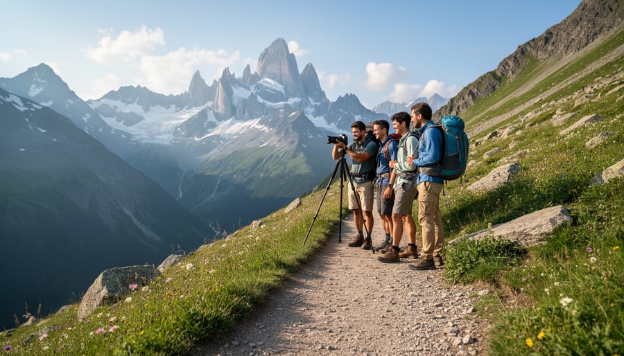 Small hiking group on a rocky trail overlooking snow-capped alpine mountains with a distant solar-powered lodge.