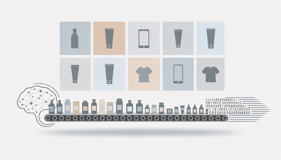 Assorted product items with glossy printed render outputs on a light gray table
