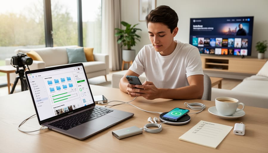 Small wearable camera charging on a desk next to a power bank and memory card reader