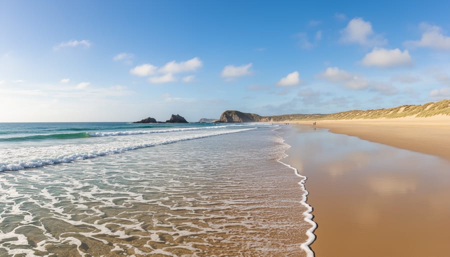 Photographer composing an ultra-wide panoramic view of a beach horizon with a Lomography camera