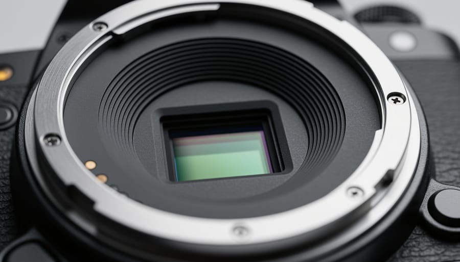 Close-up of a camera body with the lens removed, showing the mount area under soft studio lighting