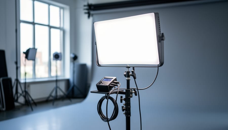 Modern photography studio with an LED softbox light on a stand and a connected lighting control unit in the foreground, softly blurred background.