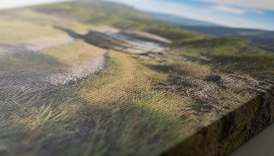 Close-up of textured canvas print corner on a stretcher frame