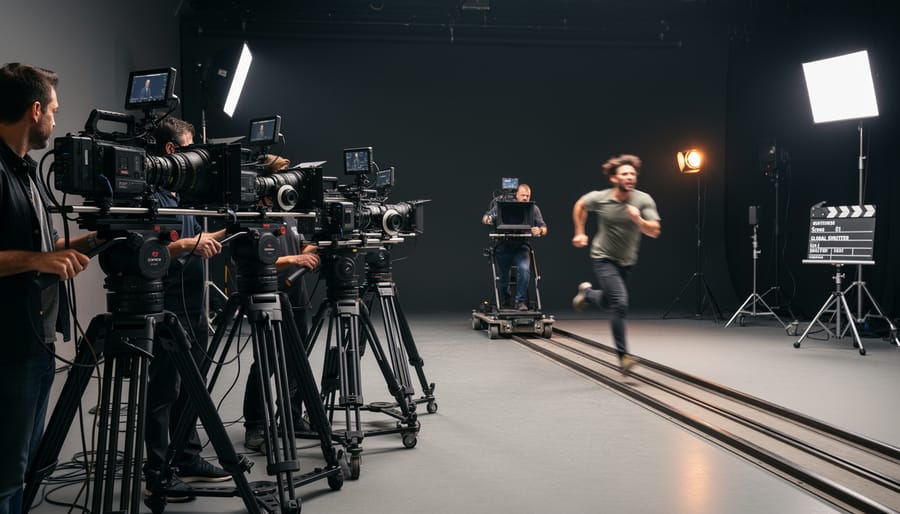 Cinema camera rigs on a studio floor with sharp focus on equipment and subtle motion implied in background lights