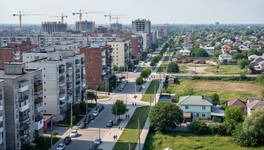 Wide street-level view of a city edge where high-rise buildings meet low-rise housing under an overcast sky