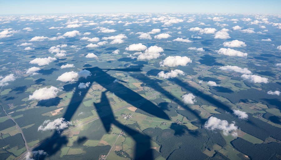 Aerial view of mountain valley with cloud shadows creating dark bands across terrain
