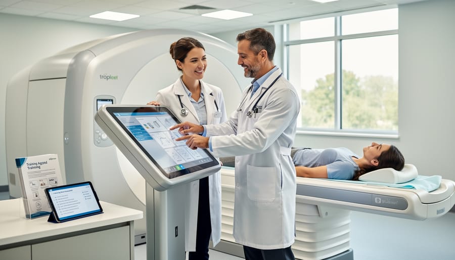 Female imaging sales professional reviewing medical imaging equipment and documents near an ultrasound probe and display in a clinical setting.