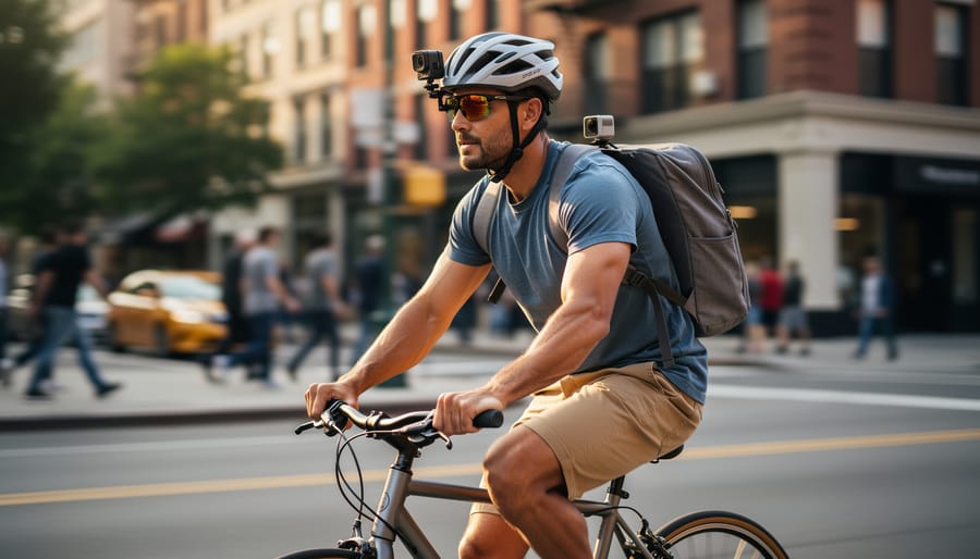Cyclist wearing a small wearable camera clipped to the chest on an urban bike path