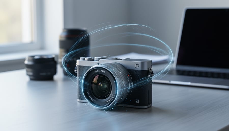 “Modern mirrorless digital camera on a tabletop under soft natural light with subtle light trails representing emerging AI and computational photography trends.”