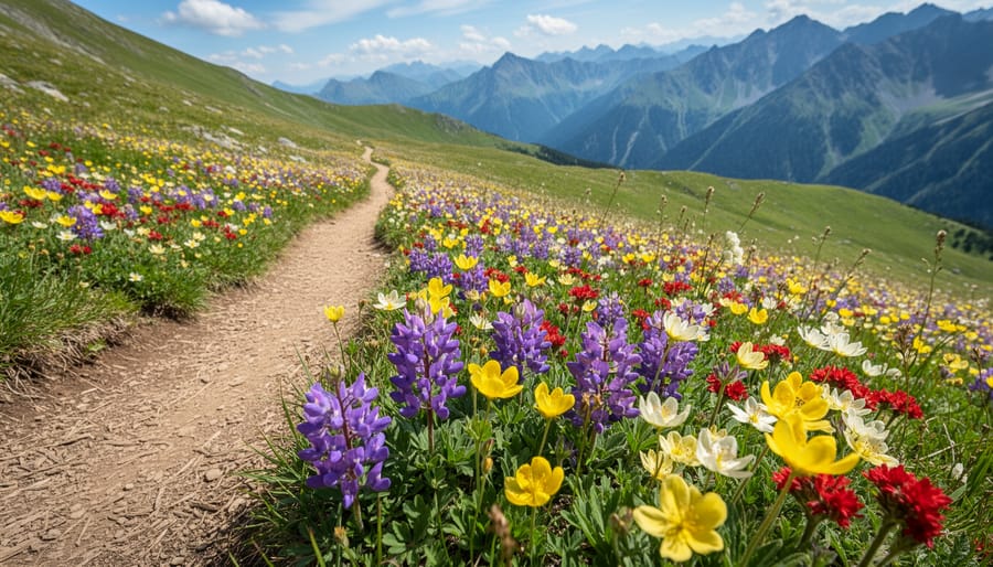 Photographer crouched by blooming alpine wildflowers in a Dolomites meadow with mountains in soft background blur.