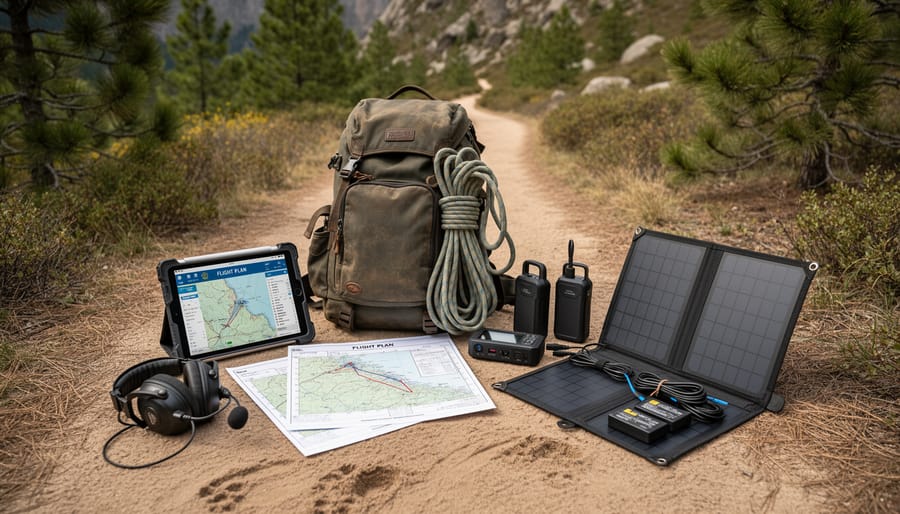 Drone and spare batteries packed on a rocky trail under an overcast sky