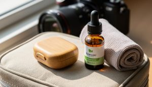 Eco-friendly contact lens case next to lens cleaning bottle and microfiber cloth on a travel pouch with softly blurred camera gear in the background.
