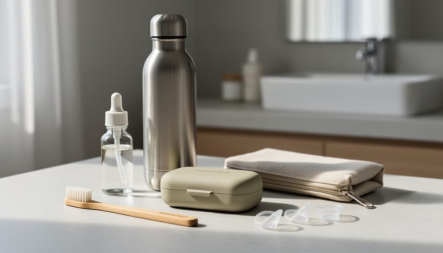 Eco-friendly contact lens case placed on a wooden desk next to a reusable pouch and dropper bottle.