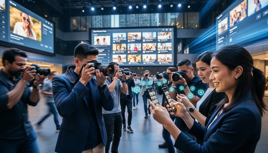 Wedding photographer holding a camera and smartphone amid colorful venue lighting