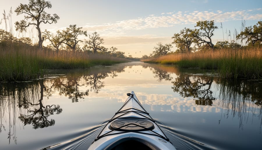 Photographer kayaking through calm wetland water capturing reflections under an overcast sky.