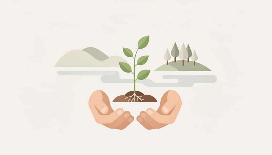 Ground-level close-up of seedlings in dark soil with a gloved hand gently covering roots in a restoration field.
