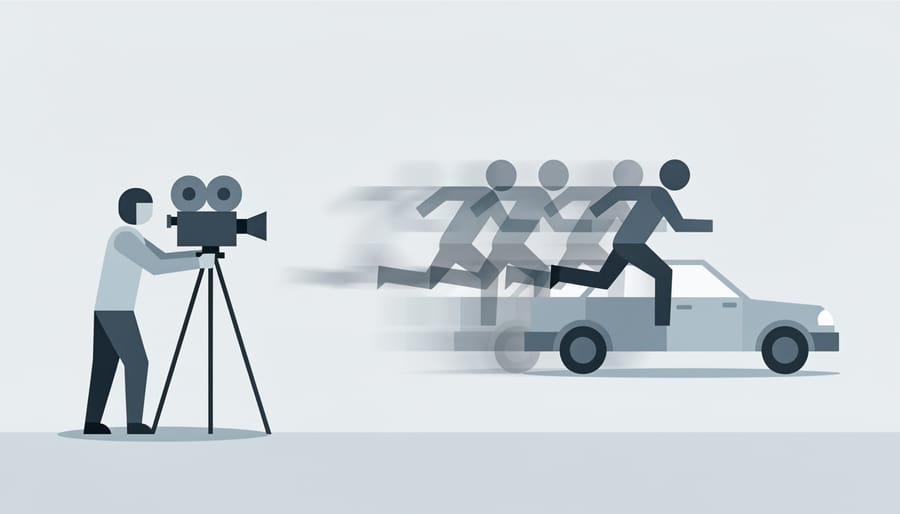 Filmmaker behind a camera shooting a performer in a neon-lit street scene