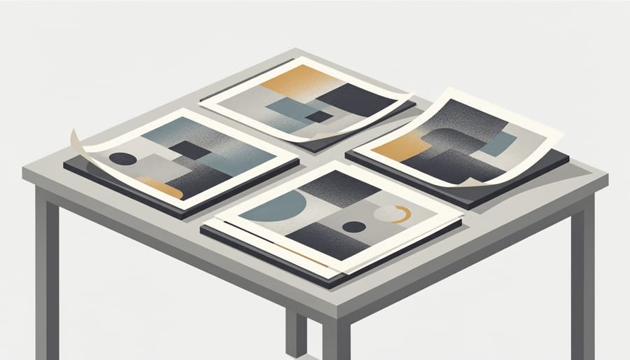 Lithograph prints with visible paper texture laid out on a studio table