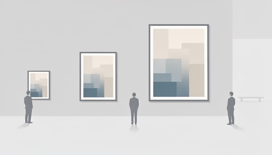 Large wall print in a gallery with sharp surface texture and blurred viewer space