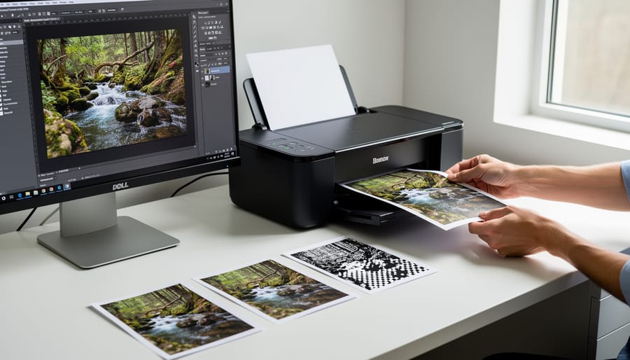 Hands placing photo paper into a printer next to a laptop in daylight