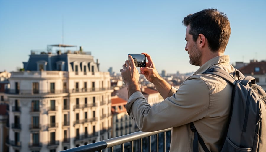 Hands holding a modern smartphone as a photographer frames a distant subject with long zoom