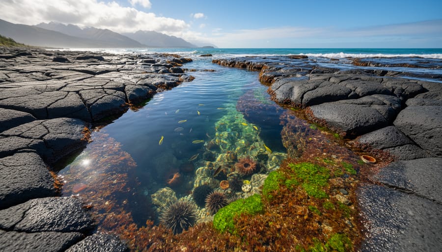 Wide view of Hawea Point tide pools with volcanic rock textures and ocean light reflecting in clear water