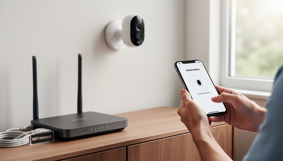 Home router with subtle indicator lights glowing on a shelf