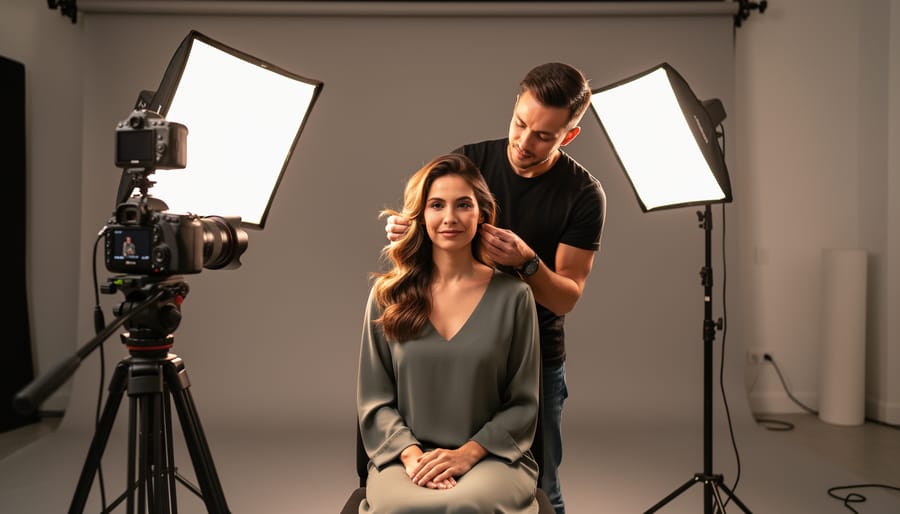 Model seated in a portrait studio under warm, flattering LED lighting with a softly blurred background