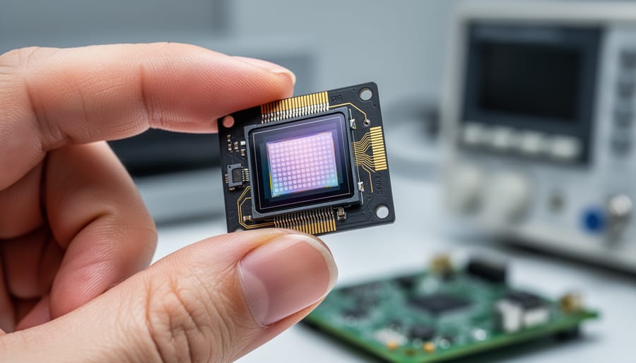Technician holding a small image sensor module above a clean workbench under soft lab lighting