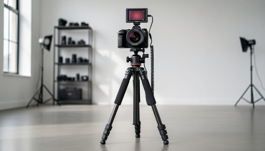 An IR-capable camera on a tripod with lens and filter prepared outdoors