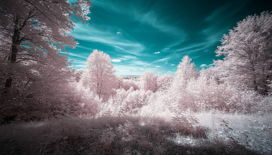 Infrared-style landscape with tree canopy, river reflections, and moving clouds in bright light