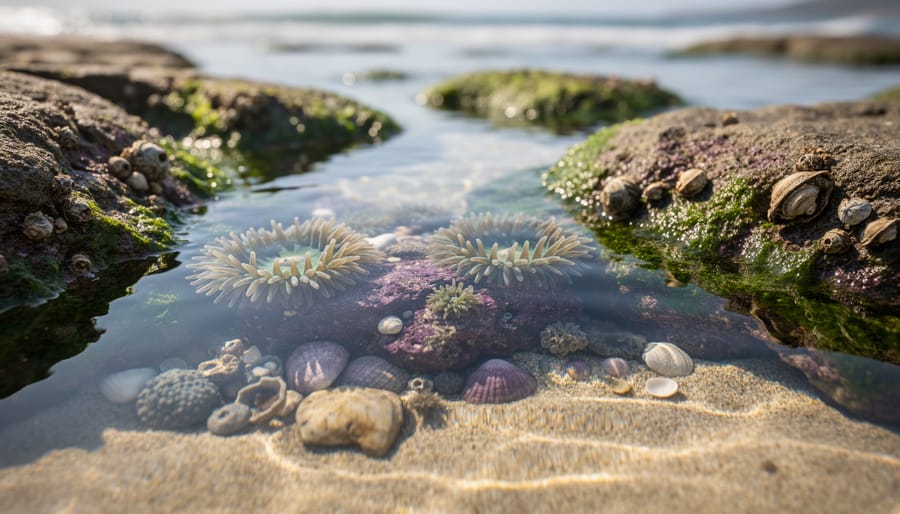 Macro close-up of anemones and small fish in shallow Kapalua Bay South Edge tide pools over black volcanic rock