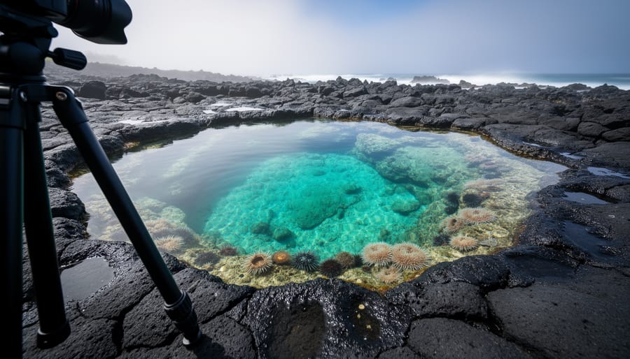 Turquoise tide pool water over black volcanic rock at Kapalua, with visible anemones and small marine life, photographed from ground level.