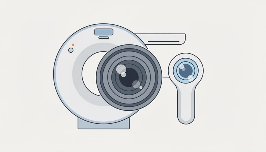 Close-up conceptual image of a camera lens held near medical imaging tools, highlighting the crossover between photography and medical imaging.