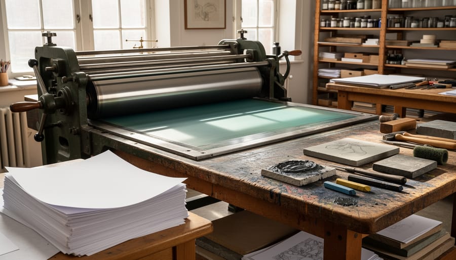 Gloved hands in a lithography studio inking rollers next to a limestone slab and fresh prints
