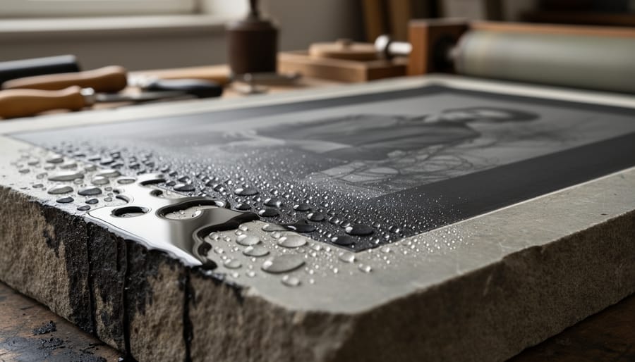 Close-up of a lithography stone showing damp mineral texture and subtle oily sheen