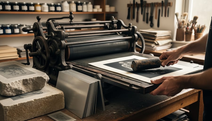 Photographer’s hands working with an ink roller and a sheet of textured paper beside a large lithography flatbed press, limestone blocks, and metal plates in an art printmaking studio.